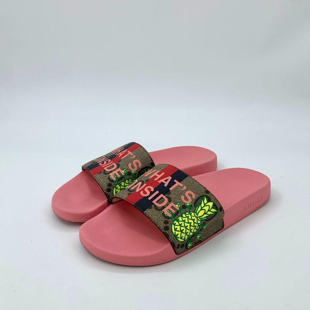 Gucci Pink Slide Sandals With Pineapple Print Strap & "Whats Inside" Design